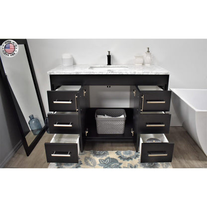 Volpa USA Capri 48" x 22" Black Freestanding Modern Bathroom Vanity With Preinstalled Undermount Sink And Carrara Marble top With Brushed Nickel Edge Handles