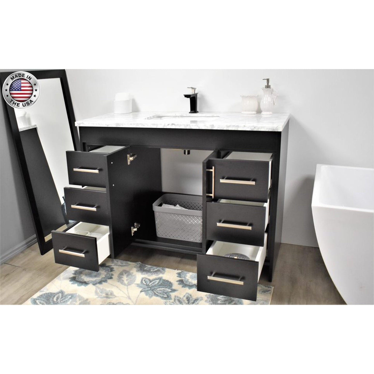 Volpa USA Capri 48" x 22" Black Freestanding Modern Bathroom Vanity With Preinstalled Undermount Sink And Carrara Marble top With Brushed Nickel Edge Handles