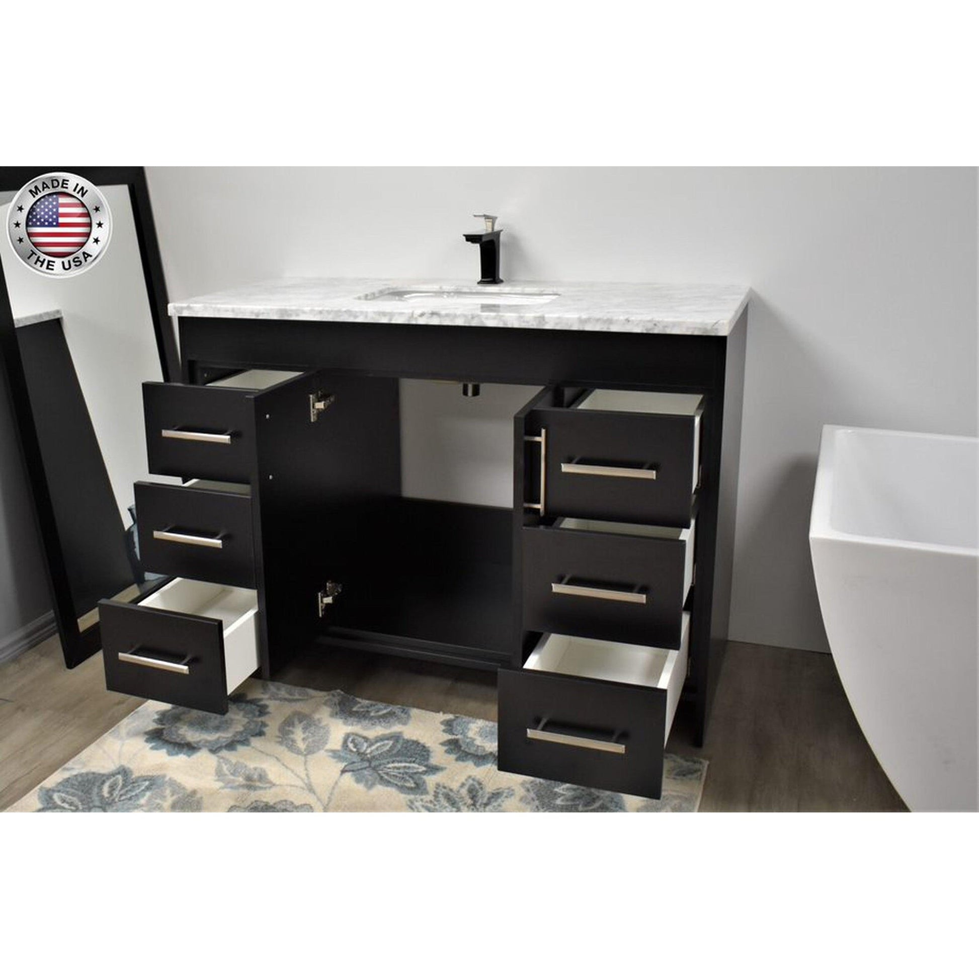 Volpa USA Capri 48" x 22" Black Freestanding Modern Bathroom Vanity With Preinstalled Undermount Sink And Carrara Marble top With Brushed Nickel Edge Handles