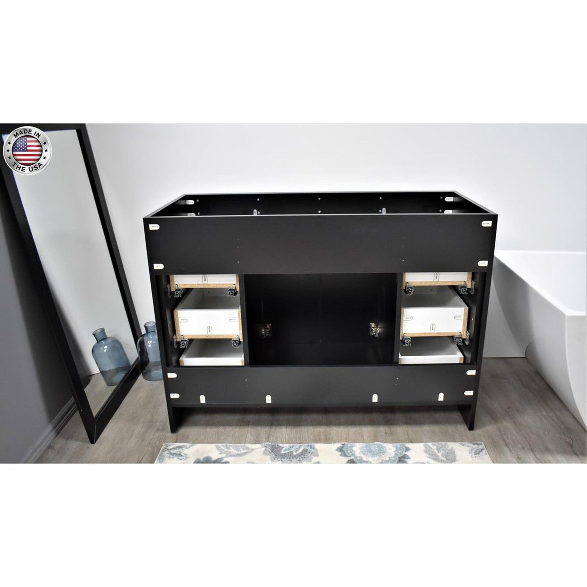 Volpa USA Capri 48" x 22" Black Freestanding Modern Bathroom Vanity With Preinstalled Undermount Sink And Carrara Marble top With Brushed Nickel Edge Handles