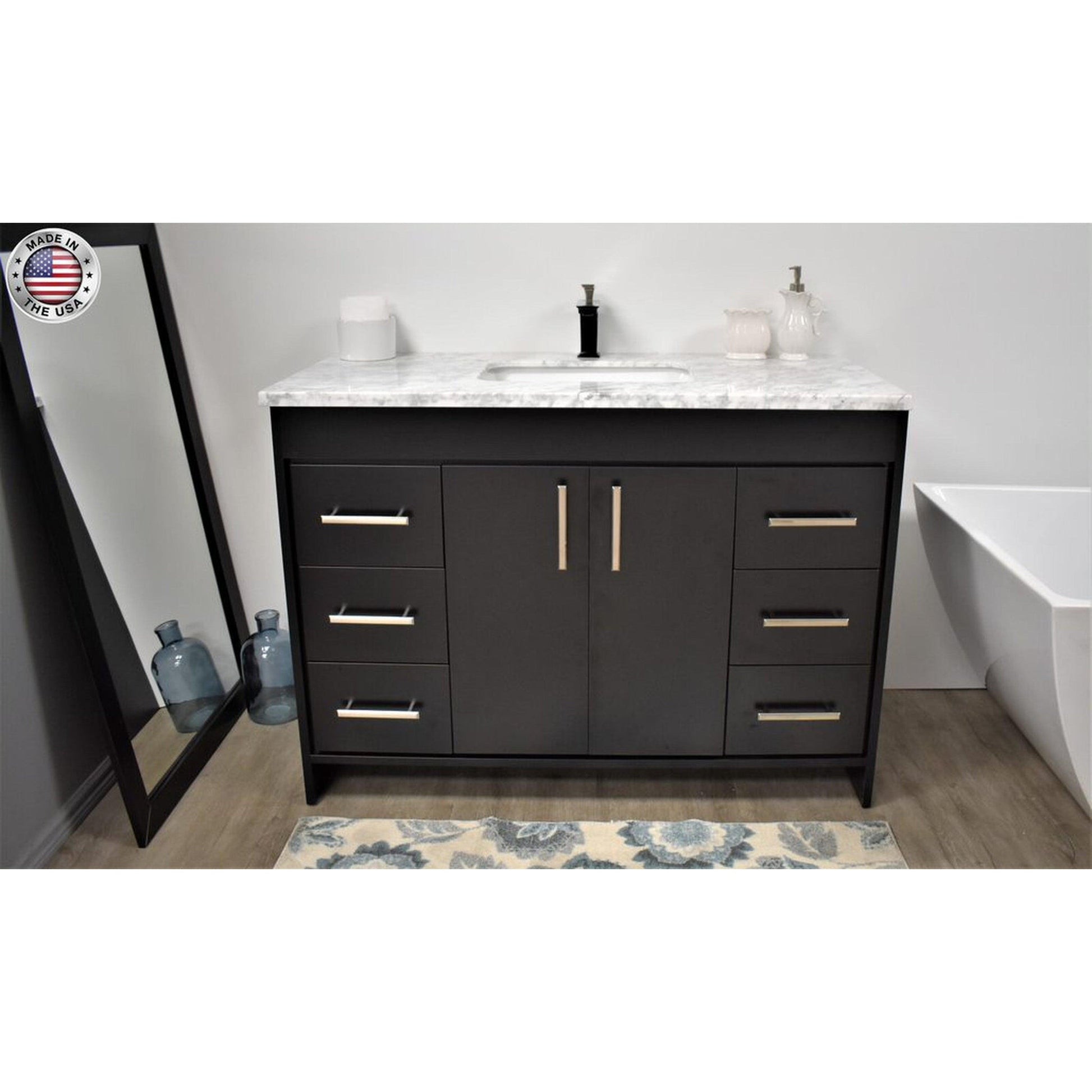 Volpa USA Capri 48" x 22" Black Freestanding Modern Bathroom Vanity With Preinstalled Undermount Sink And Carrara Marble top With Brushed Nickel Edge Handles