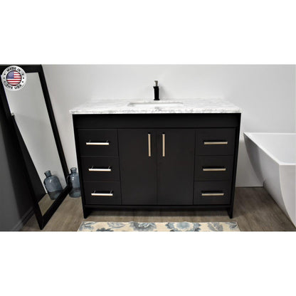 Volpa USA Capri 48" x 22" Black Freestanding Modern Bathroom Vanity With Preinstalled Undermount Sink And Carrara Marble top With Brushed Nickel Edge Handles