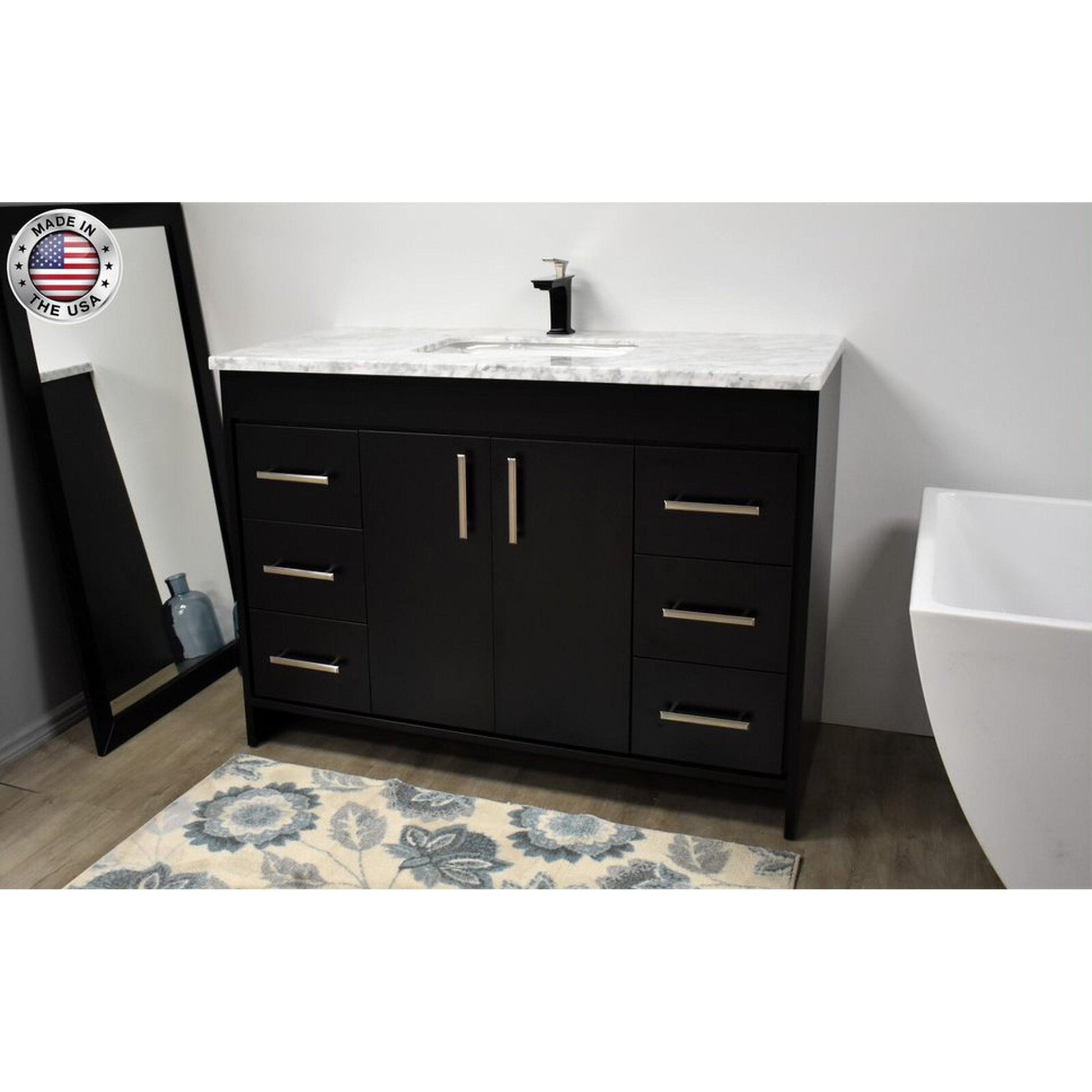 Volpa USA Capri 48" x 22" Black Freestanding Modern Bathroom Vanity With Preinstalled Undermount Sink And Carrara Marble top With Brushed Nickel Edge Handles