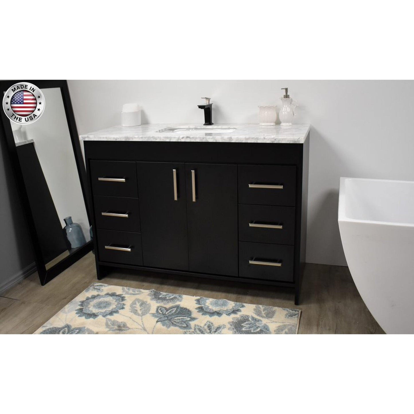 Volpa USA Capri 48" x 22" Black Freestanding Modern Bathroom Vanity With Preinstalled Undermount Sink And Carrara Marble top With Brushed Nickel Edge Handles