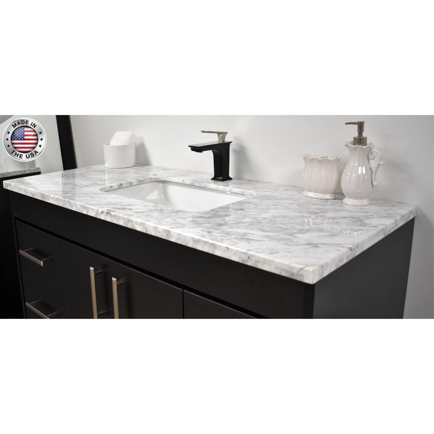 Volpa USA Capri 48" x 22" Black Freestanding Modern Bathroom Vanity With Preinstalled Undermount Sink And Carrara Marble top With Brushed Nickel Edge Handles