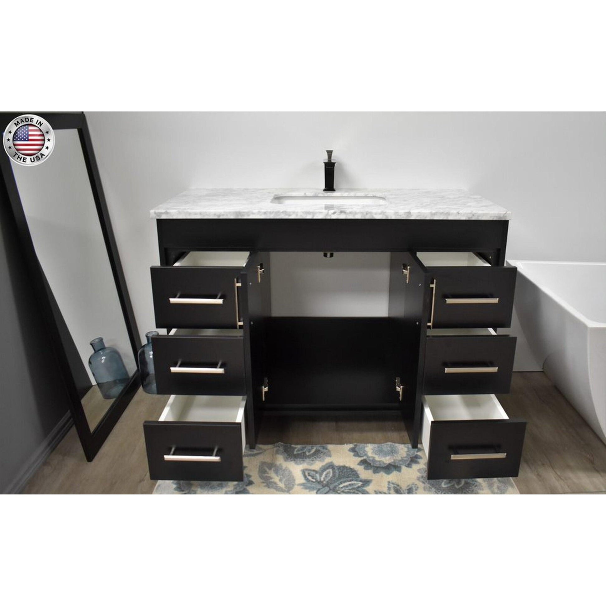 Volpa USA Capri 48" x 22" Black Freestanding Modern Bathroom Vanity With Preinstalled Undermount Sink And Carrara Marble top With Brushed Nickel Edge Handles