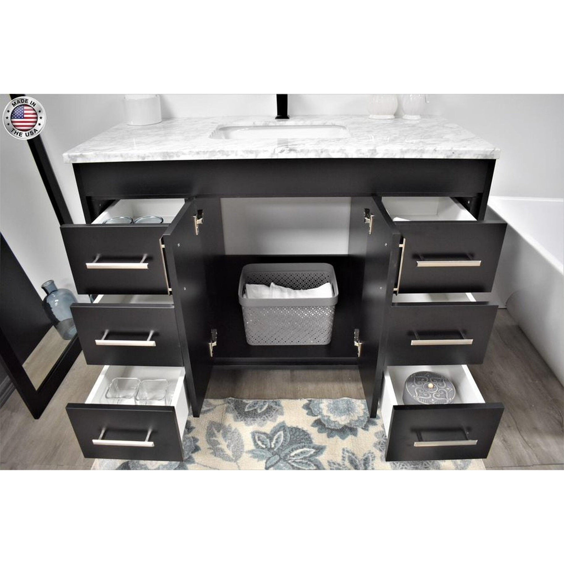 Volpa USA Capri 48" x 22" Black Freestanding Modern Bathroom Vanity With Preinstalled Undermount Sink And Carrara Marble top With Brushed Nickel Edge Handles