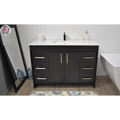 Volpa USA Capri 48" x 22" Black Freestanding Modern Bathroom Vanity With Preinstalled Undermount Sink And White Microstone Top With Brushed Nickel Edge Handles