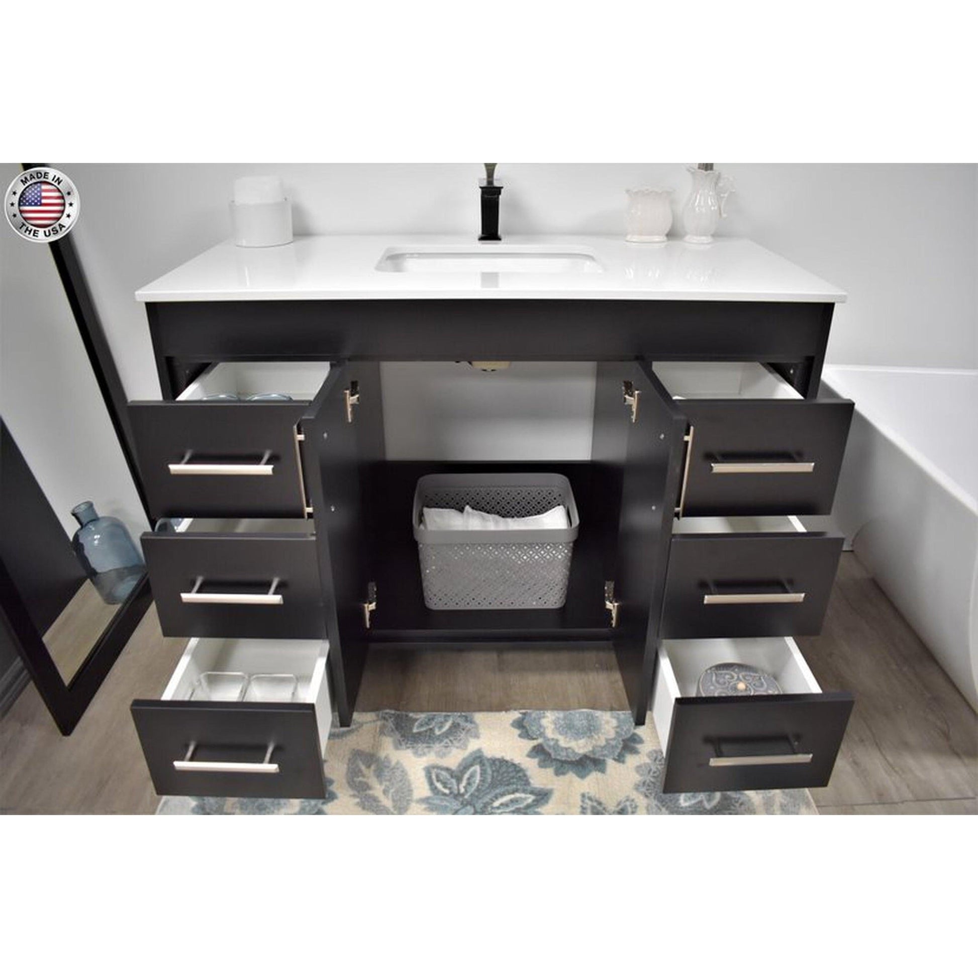 Volpa USA Capri 48" x 22" Black Freestanding Modern Bathroom Vanity With Preinstalled Undermount Sink And White Microstone Top With Brushed Nickel Edge Handles