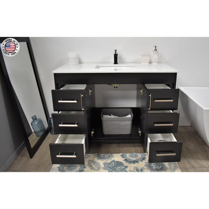 Volpa USA Capri 48" x 22" Black Freestanding Modern Bathroom Vanity With Preinstalled Undermount Sink And White Microstone Top With Brushed Nickel Edge Handles