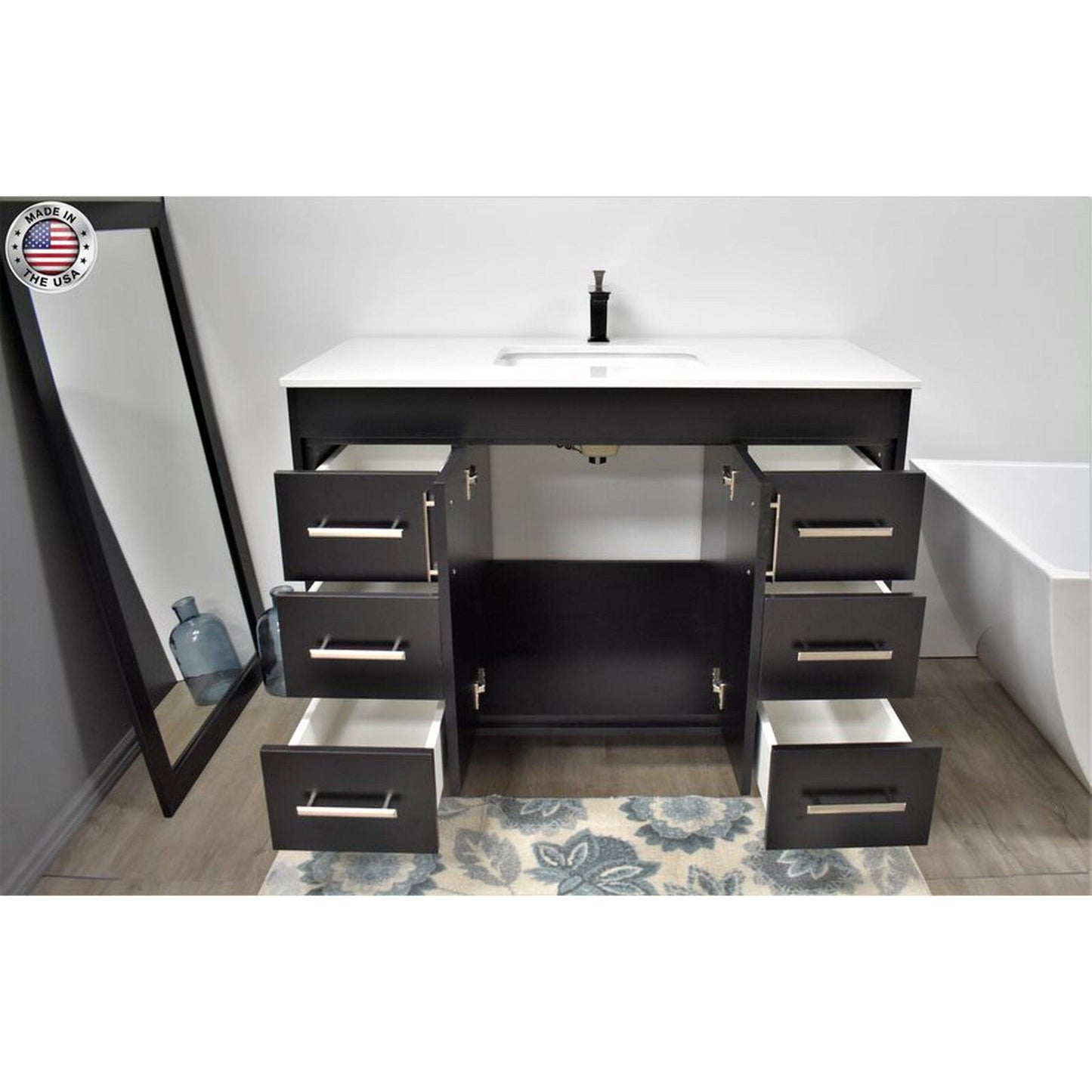 Volpa USA Capri 48" x 22" Black Freestanding Modern Bathroom Vanity With Preinstalled Undermount Sink And White Microstone Top With Brushed Nickel Edge Handles