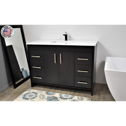 Volpa USA Capri 48" x 22" Black Freestanding Modern Bathroom Vanity With Preinstalled Undermount Sink And White Microstone Top With Brushed Nickel Edge Handles