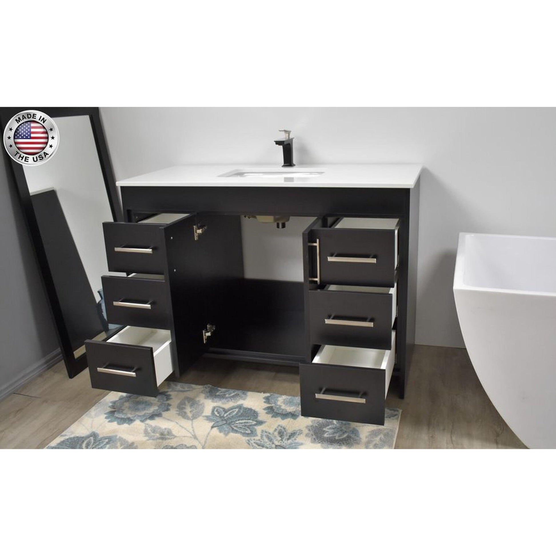 Volpa USA Capri 48" x 22" Black Freestanding Modern Bathroom Vanity With Preinstalled Undermount Sink And White Microstone Top With Brushed Nickel Edge Handles