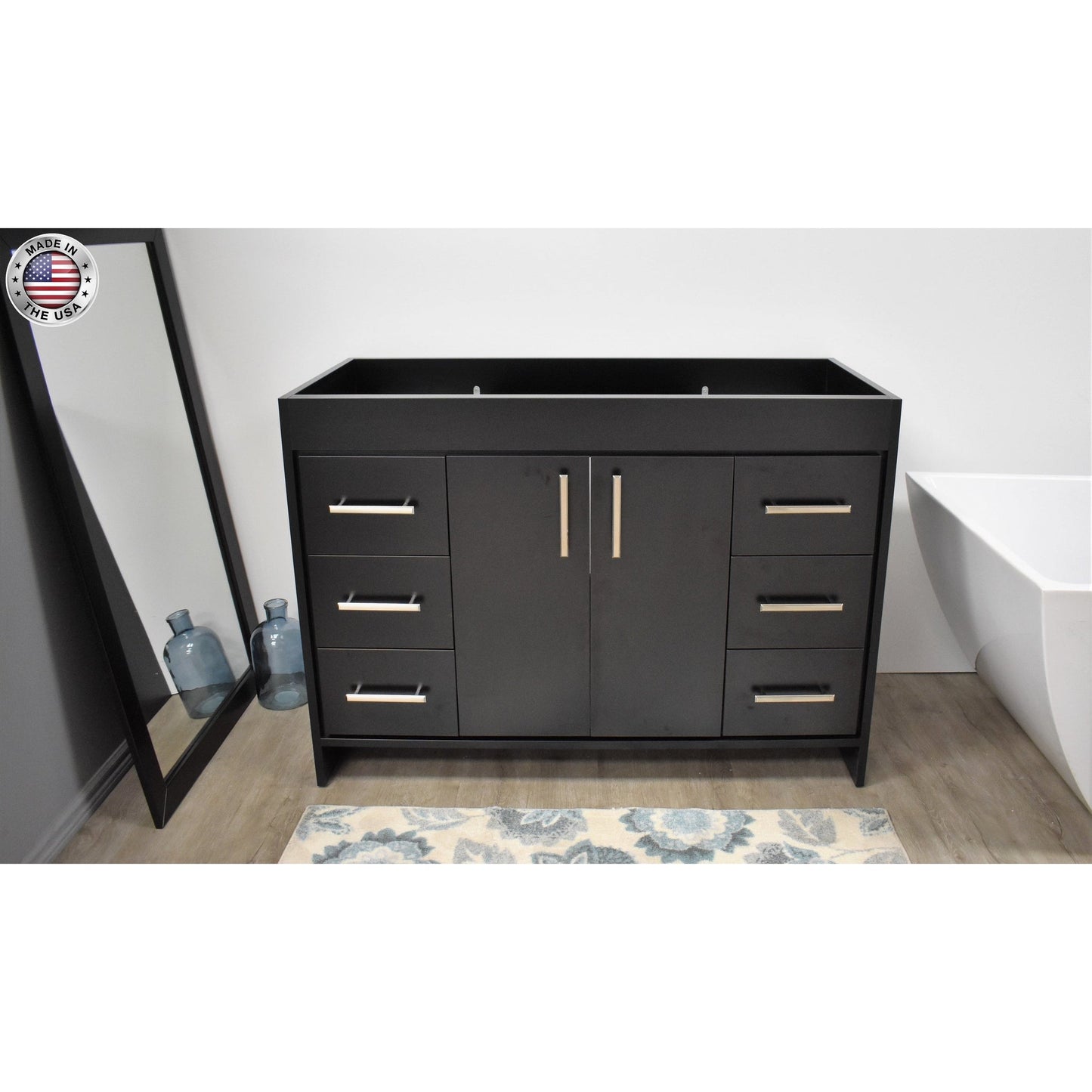 Volpa USA Capri 48" x 22" Black Modern Bathroom Vanity With Brushed Nickel Edge Handles