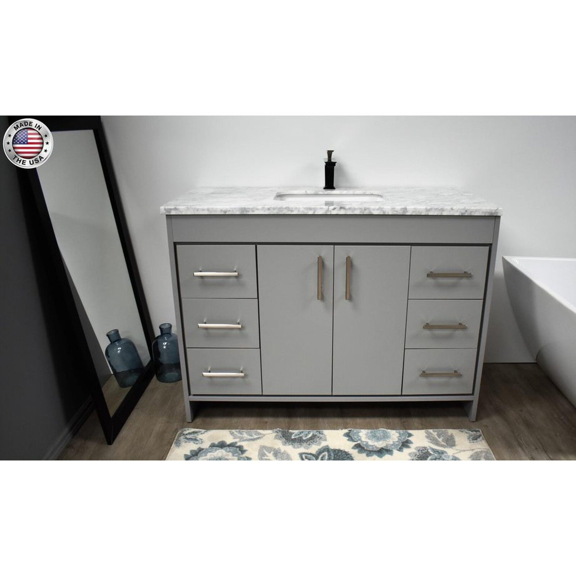 Volpa USA Capri 48" x 22" Gray Freestanding Modern Bathroom Vanity With Preinstalled Undermount Sink And Carrara Marble top With Brushed Nickel Edge Handles