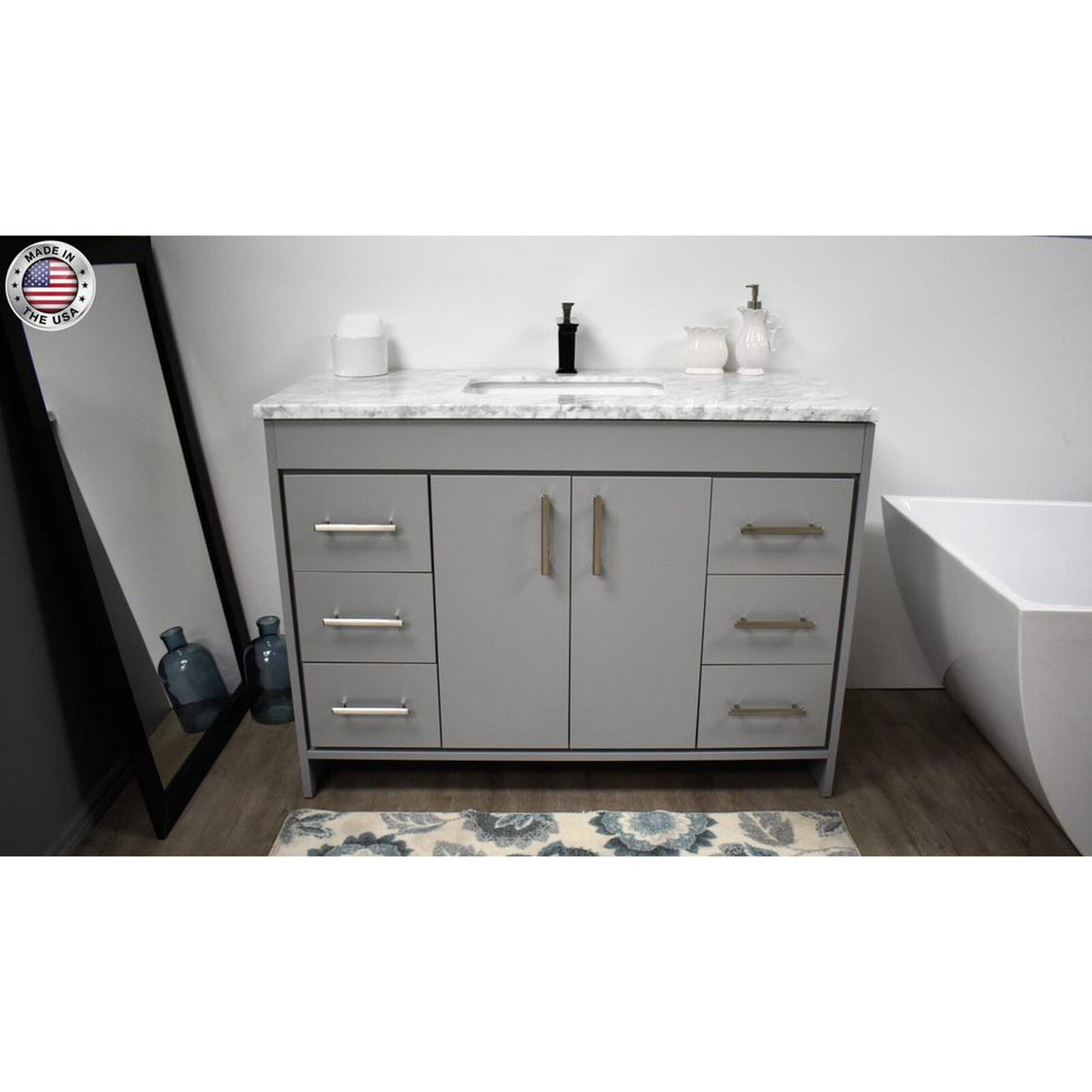 Volpa USA Capri 48" x 22" Gray Freestanding Modern Bathroom Vanity With Preinstalled Undermount Sink And Carrara Marble top With Brushed Nickel Edge Handles