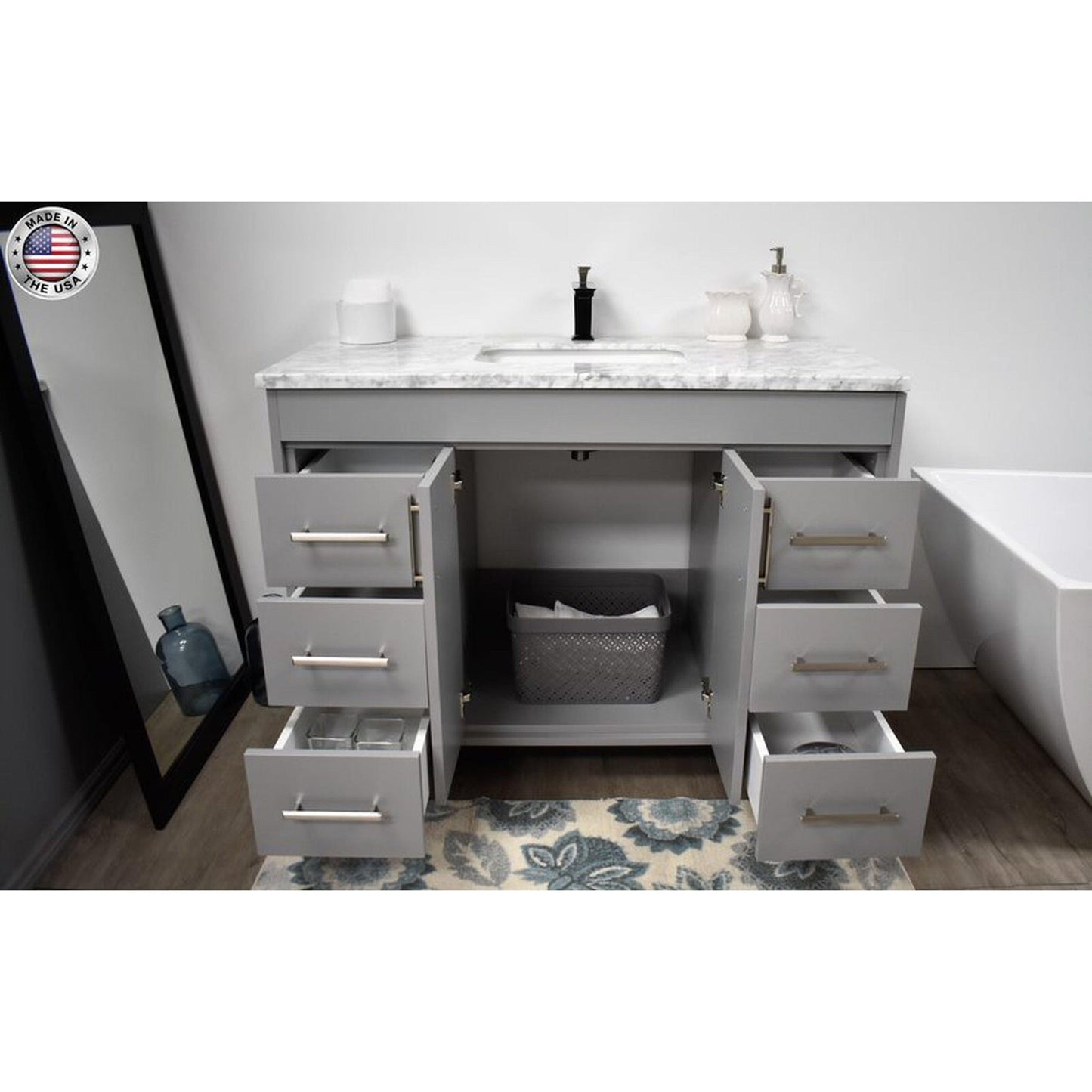 Volpa USA Capri 48" x 22" Gray Freestanding Modern Bathroom Vanity With Preinstalled Undermount Sink And Carrara Marble top With Brushed Nickel Edge Handles