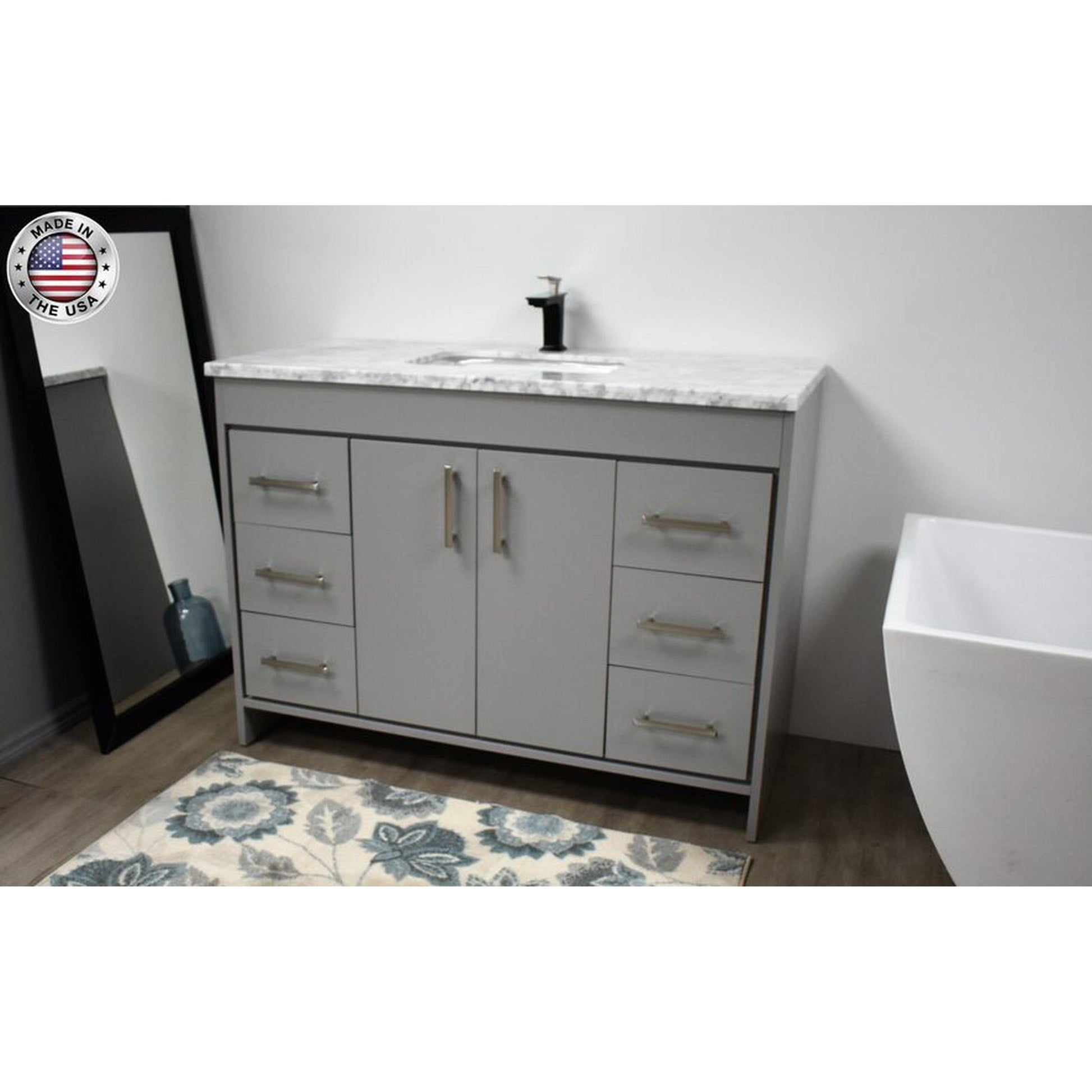 Volpa USA Capri 48" x 22" Gray Freestanding Modern Bathroom Vanity With Preinstalled Undermount Sink And Carrara Marble top With Brushed Nickel Edge Handles
