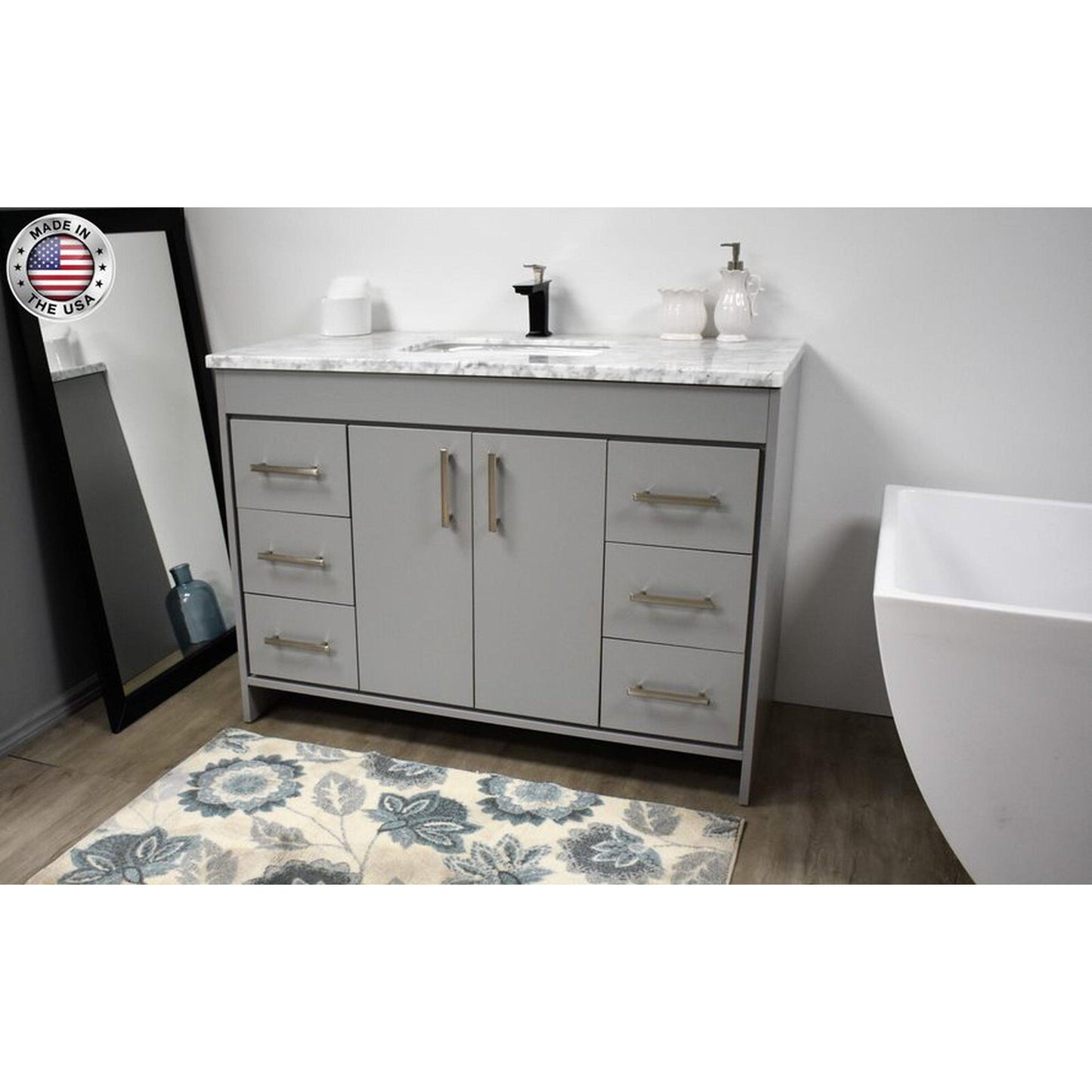 Volpa USA Capri 48" x 22" Gray Freestanding Modern Bathroom Vanity With Preinstalled Undermount Sink And Carrara Marble top With Brushed Nickel Edge Handles