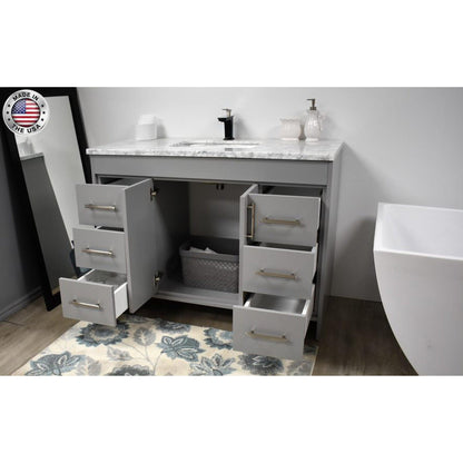 Volpa USA Capri 48" x 22" Gray Freestanding Modern Bathroom Vanity With Preinstalled Undermount Sink And Carrara Marble top With Brushed Nickel Edge Handles