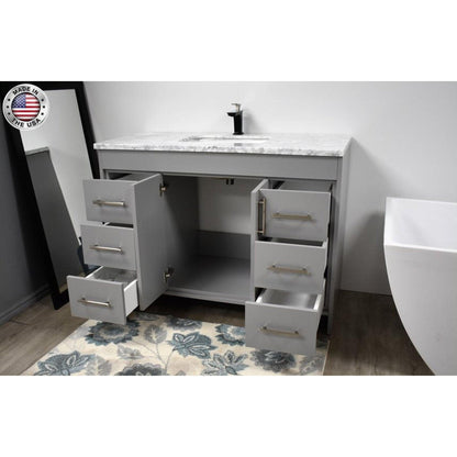 Volpa USA Capri 48" x 22" Gray Freestanding Modern Bathroom Vanity With Preinstalled Undermount Sink And Carrara Marble top With Brushed Nickel Edge Handles