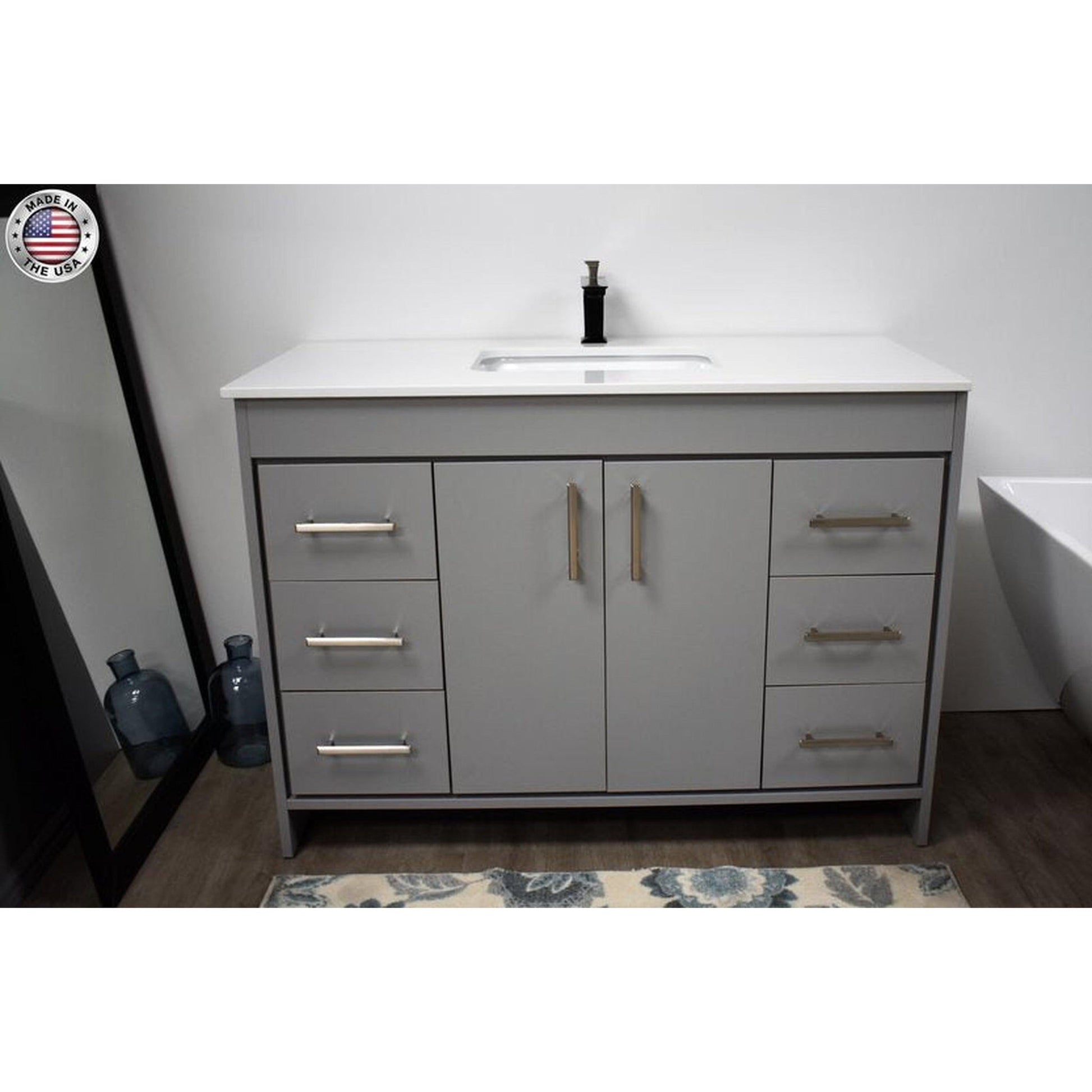 Volpa USA Capri 48" x 22" Gray Freestanding Modern Bathroom Vanity With Preinstalled Undermount Sink And White Microstone Top With Brushed Nickel Edge Handles