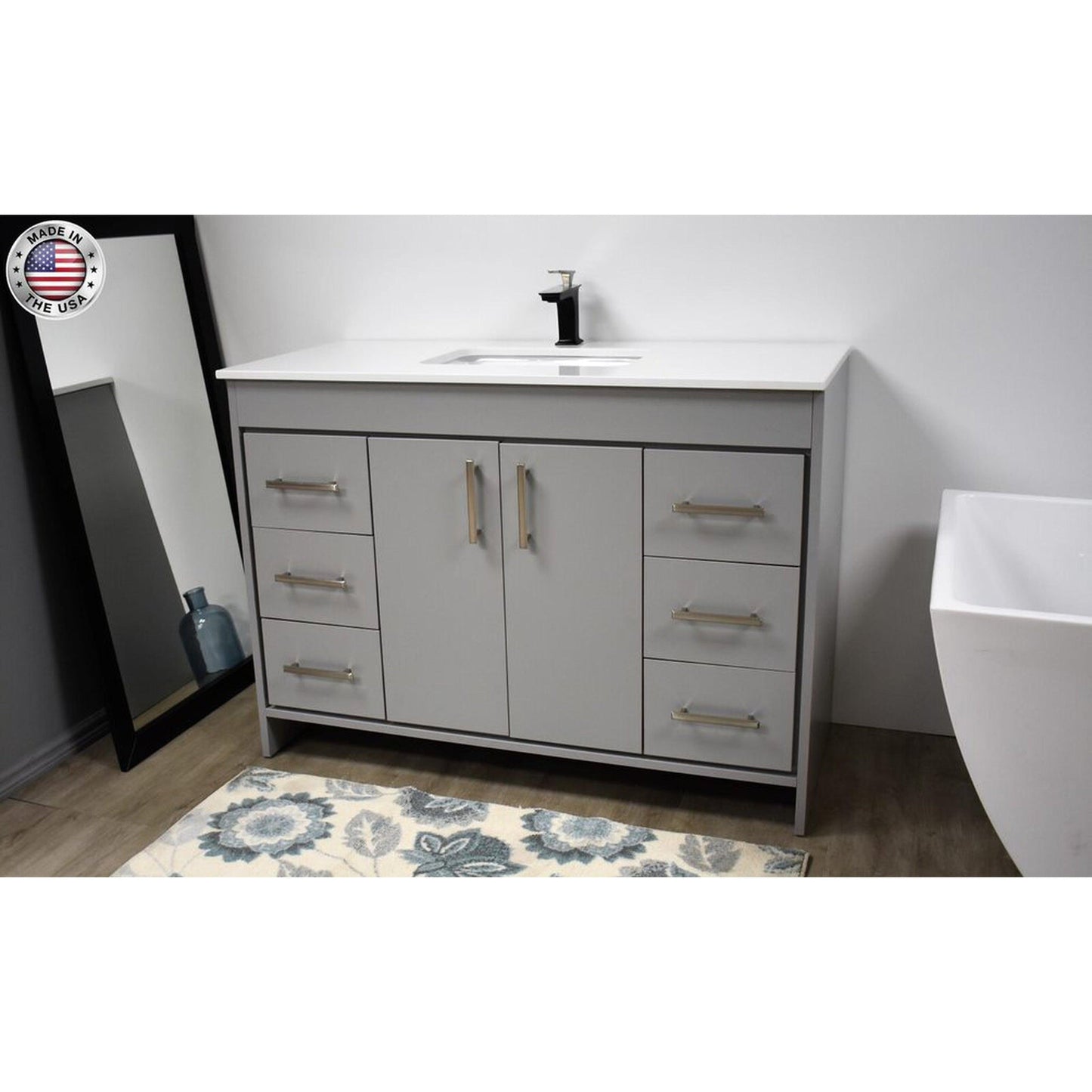 Volpa USA Capri 48" x 22" Gray Freestanding Modern Bathroom Vanity With Preinstalled Undermount Sink And White Microstone Top With Brushed Nickel Edge Handles