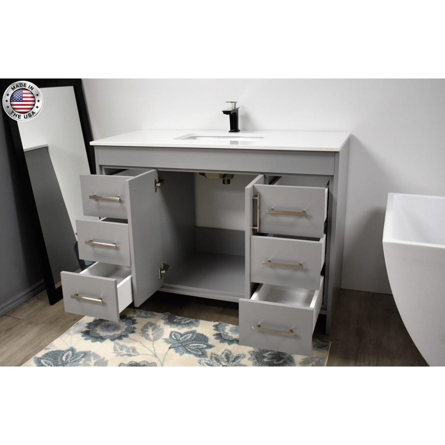 Volpa USA Capri 48" x 22" Gray Freestanding Modern Bathroom Vanity With Preinstalled Undermount Sink And White Microstone Top With Brushed Nickel Edge Handles