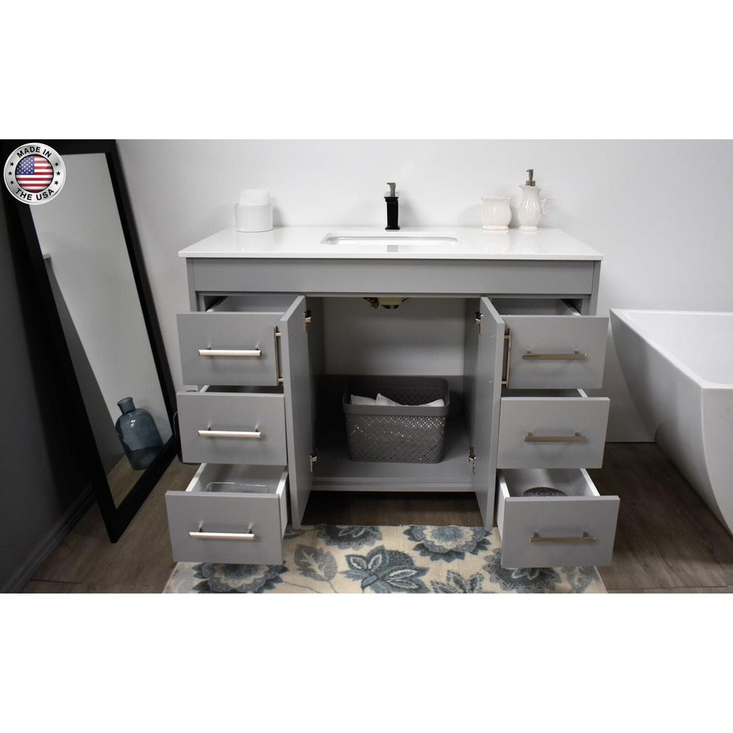 Volpa USA Capri 48" x 22" Gray Freestanding Modern Bathroom Vanity With Preinstalled Undermount Sink And White Microstone Top With Brushed Nickel Edge Handles