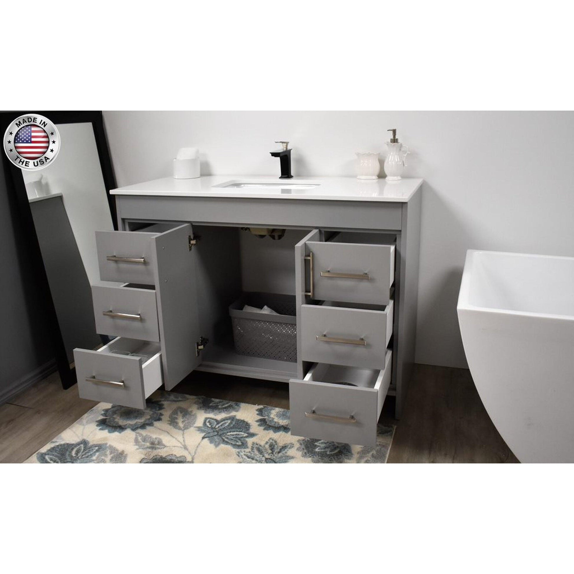 Volpa USA Capri 48" x 22" Gray Freestanding Modern Bathroom Vanity With Preinstalled Undermount Sink And White Microstone Top With Brushed Nickel Edge Handles