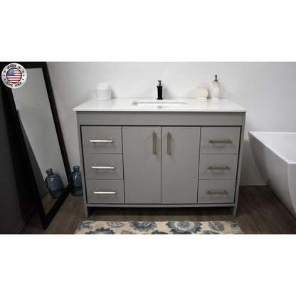 Volpa USA Capri 48" x 22" Gray Freestanding Modern Bathroom Vanity With Preinstalled Undermount Sink And White Microstone Top With Brushed Nickel Edge Handles