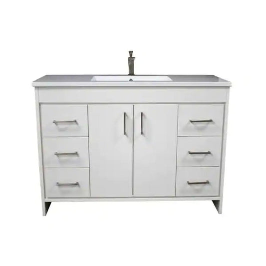 Volpa USA Capri 48" x 22" White Freestanding Modern Bathroom Vanity With Preinstalled Undermount Sink And Carrara Marble top With Brushed Nickel Edge Handles
