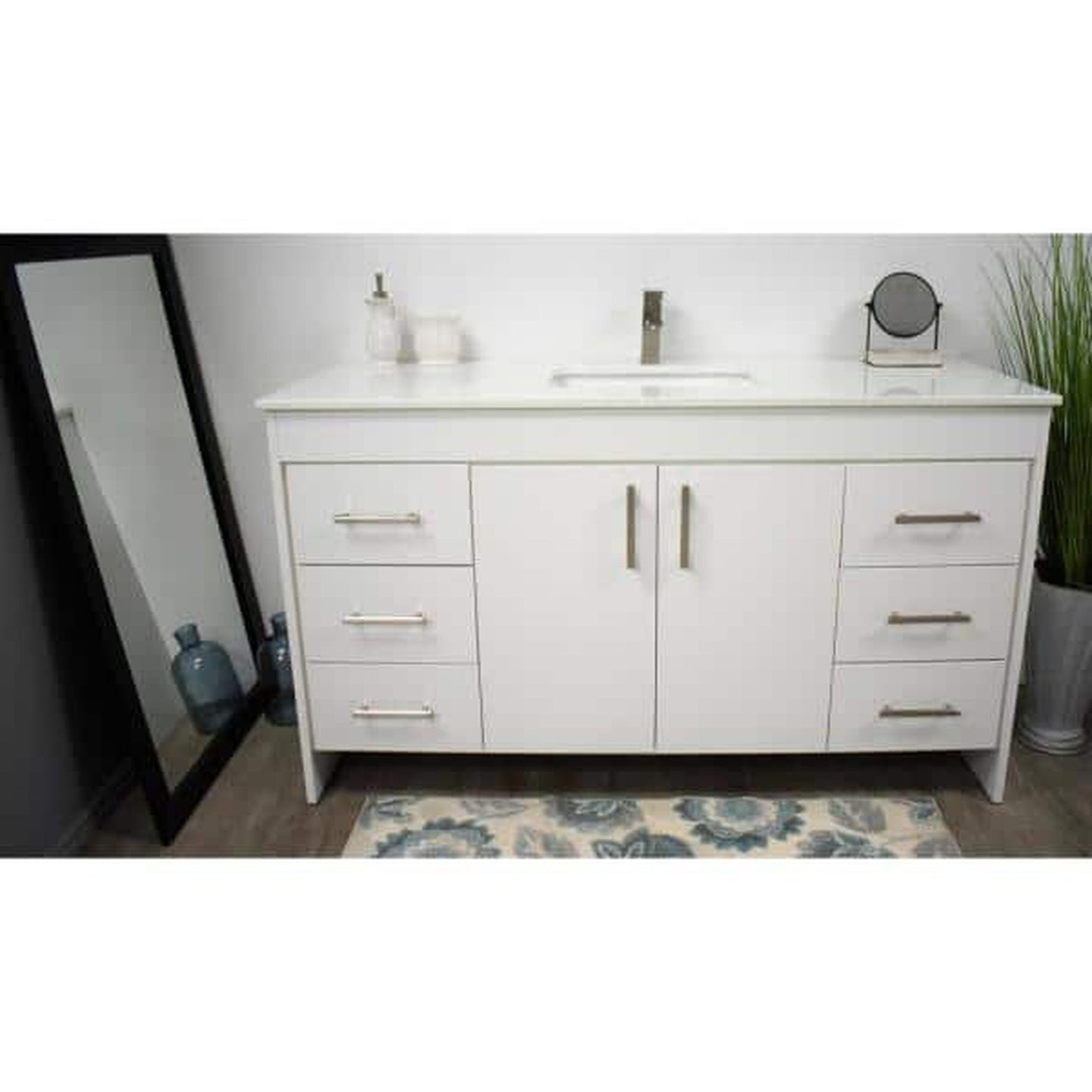 Volpa USA Capri 48" x 22" White Freestanding Modern Bathroom Vanity With Preinstalled Undermount Sink And White Microstone Top With Brushed Nickel Edge Handles