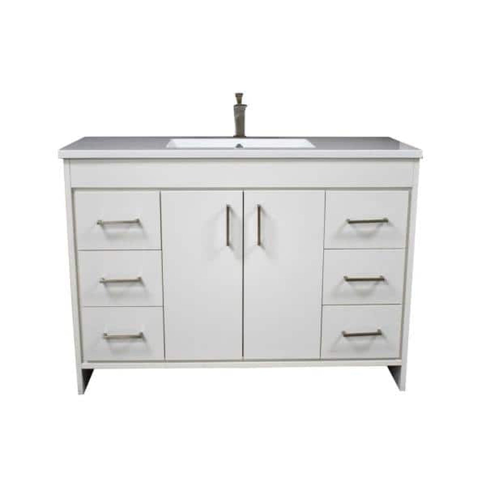 Volpa USA Capri 48" x 22" White Freestanding Modern Bathroom Vanity With Preinstalled Undermount Sink And White Microstone Top With Brushed Nickel Edge Handles