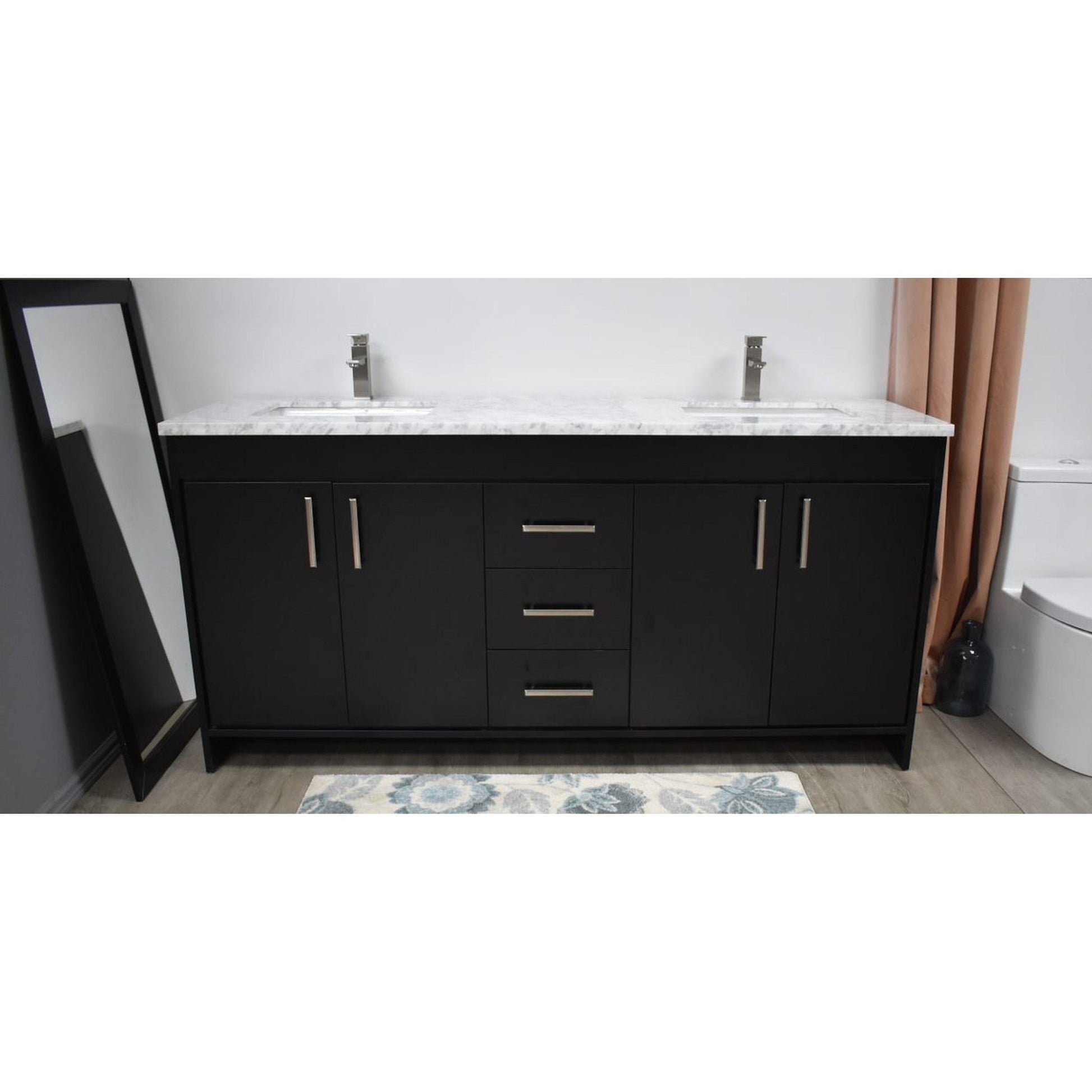 Volpa USA Capri 60" x 22" Black Freestanding Modern Bathroom Vanity With Undermount Double Sink And Carrara Marble Top With Brushed Nickel Edge Handles