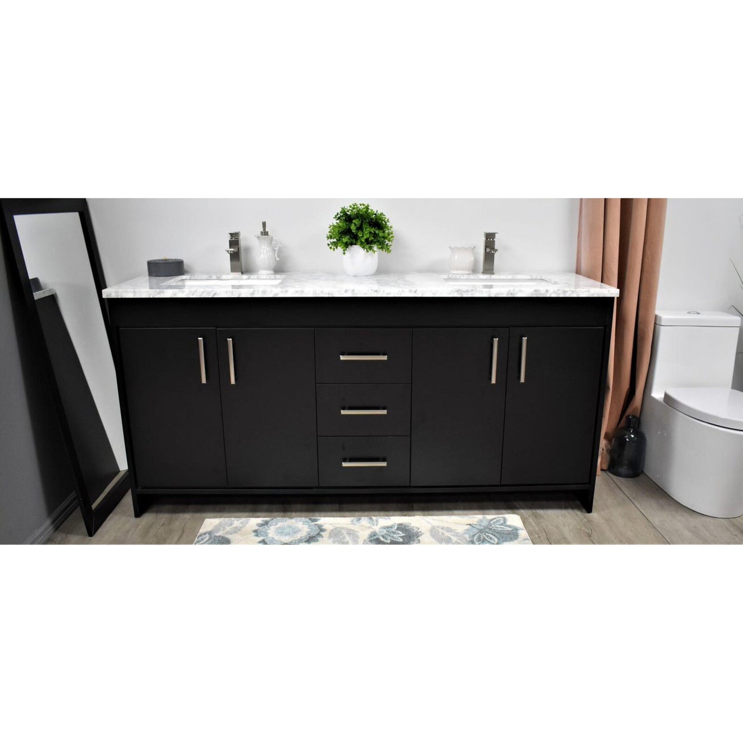 Volpa USA Capri 60" x 22" Black Freestanding Modern Bathroom Vanity With Undermount Double Sink And Carrara Marble Top With Brushed Nickel Edge Handles