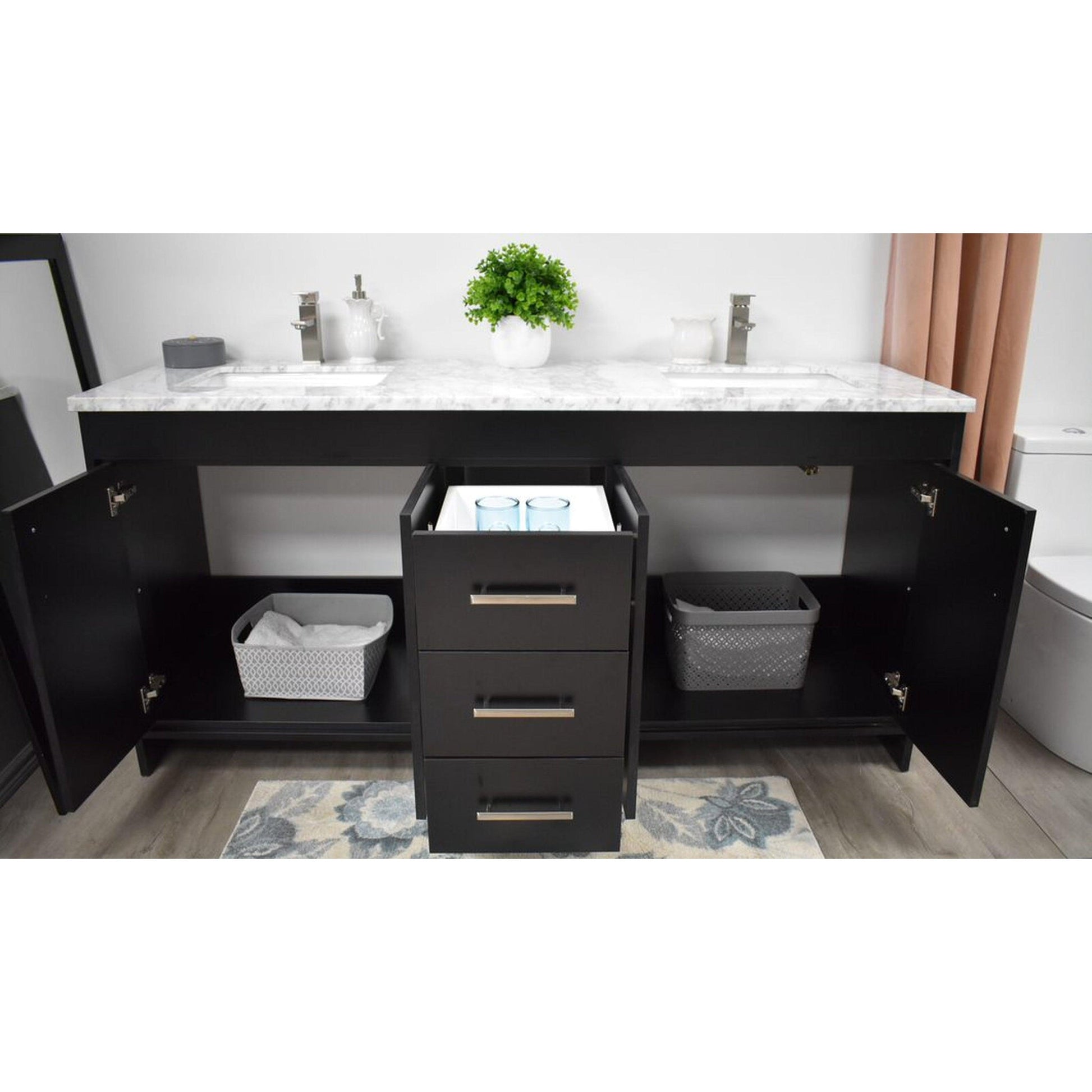 Volpa USA Capri 60" x 22" Black Freestanding Modern Bathroom Vanity With Undermount Double Sink And Carrara Marble Top With Brushed Nickel Edge Handles