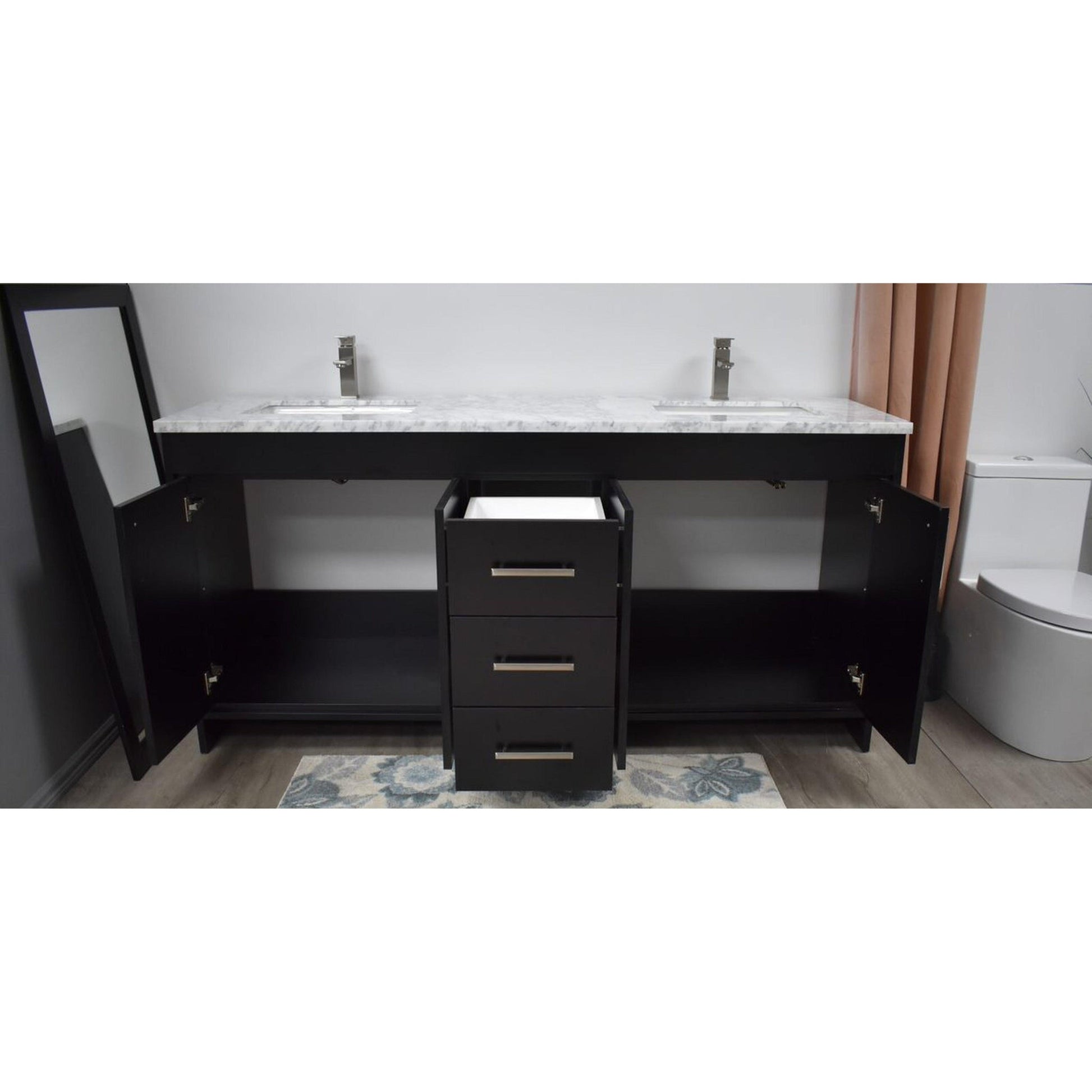 Volpa USA Capri 60" x 22" Black Freestanding Modern Bathroom Vanity With Undermount Double Sink And Carrara Marble Top With Brushed Nickel Edge Handles