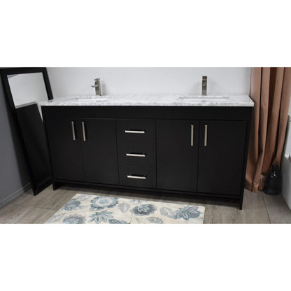 Volpa USA Capri 60" x 22" Black Freestanding Modern Bathroom Vanity With Undermount Double Sink And Carrara Marble Top With Brushed Nickel Edge Handles