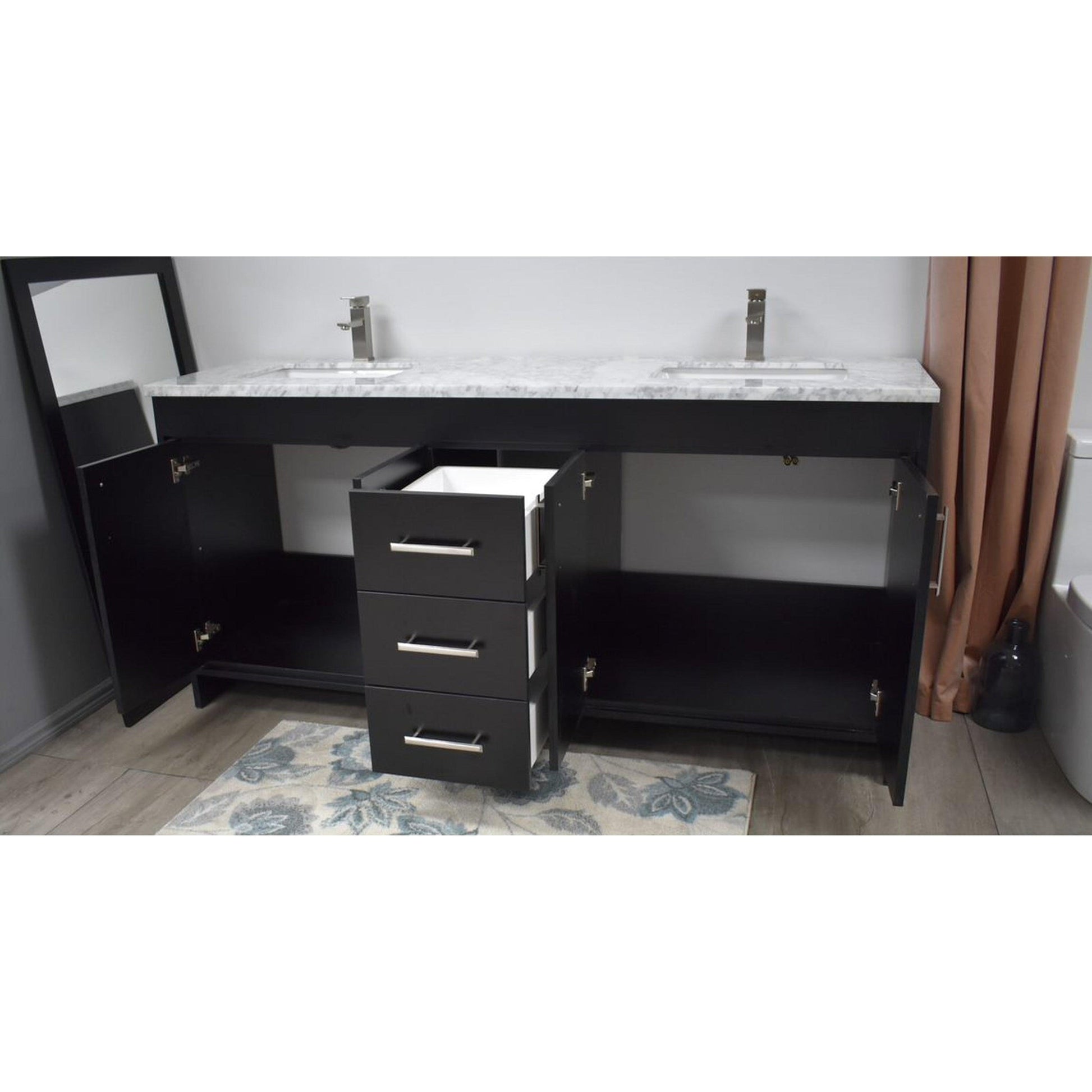 Volpa USA Capri 60" x 22" Black Freestanding Modern Bathroom Vanity With Undermount Double Sink And Carrara Marble Top With Brushed Nickel Edge Handles