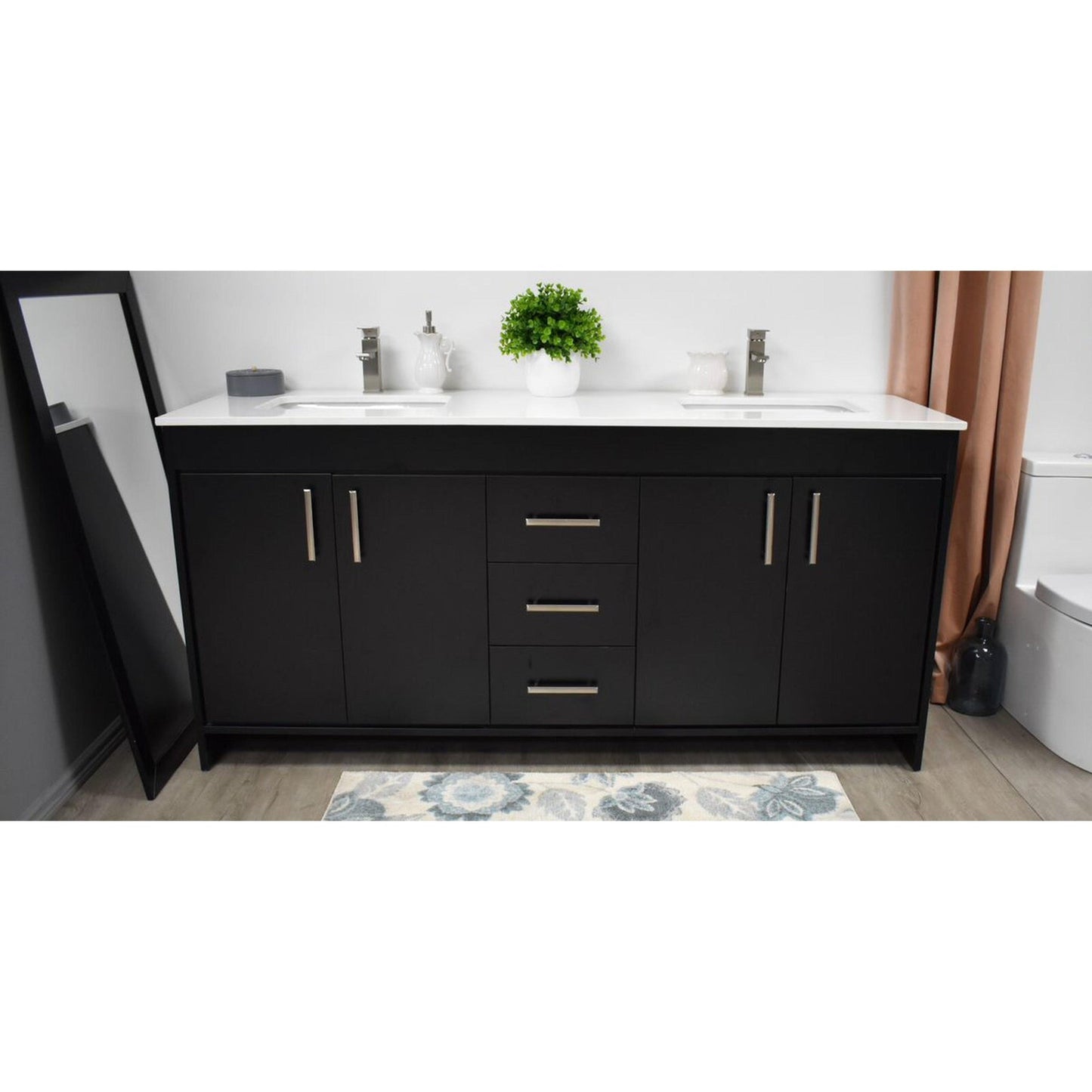 Volpa USA Capri 60" x 22" Black Freestanding Modern Bathroom Vanity With Undermount Double Sink and White Microstone Top With Brushed Nickel Edge Handles