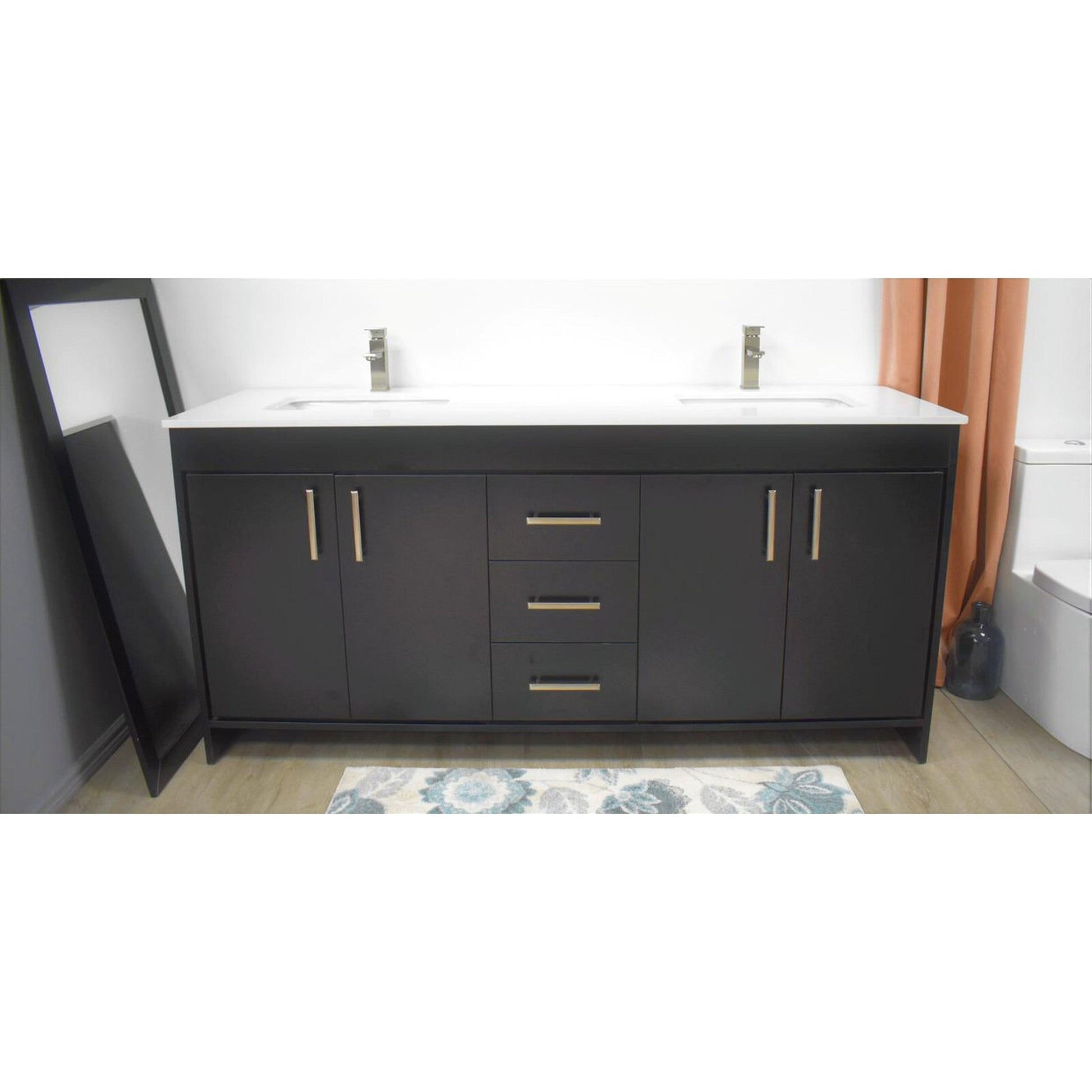 Volpa USA Capri 60" x 22" Black Freestanding Modern Bathroom Vanity With Undermount Double Sink and White Microstone Top With Brushed Nickel Edge Handles