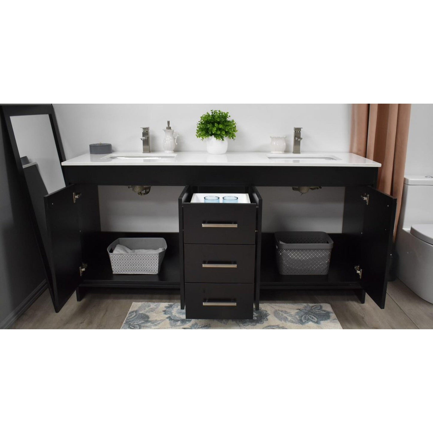 Volpa USA Capri 60" x 22" Black Freestanding Modern Bathroom Vanity With Undermount Double Sink and White Microstone Top With Brushed Nickel Edge Handles