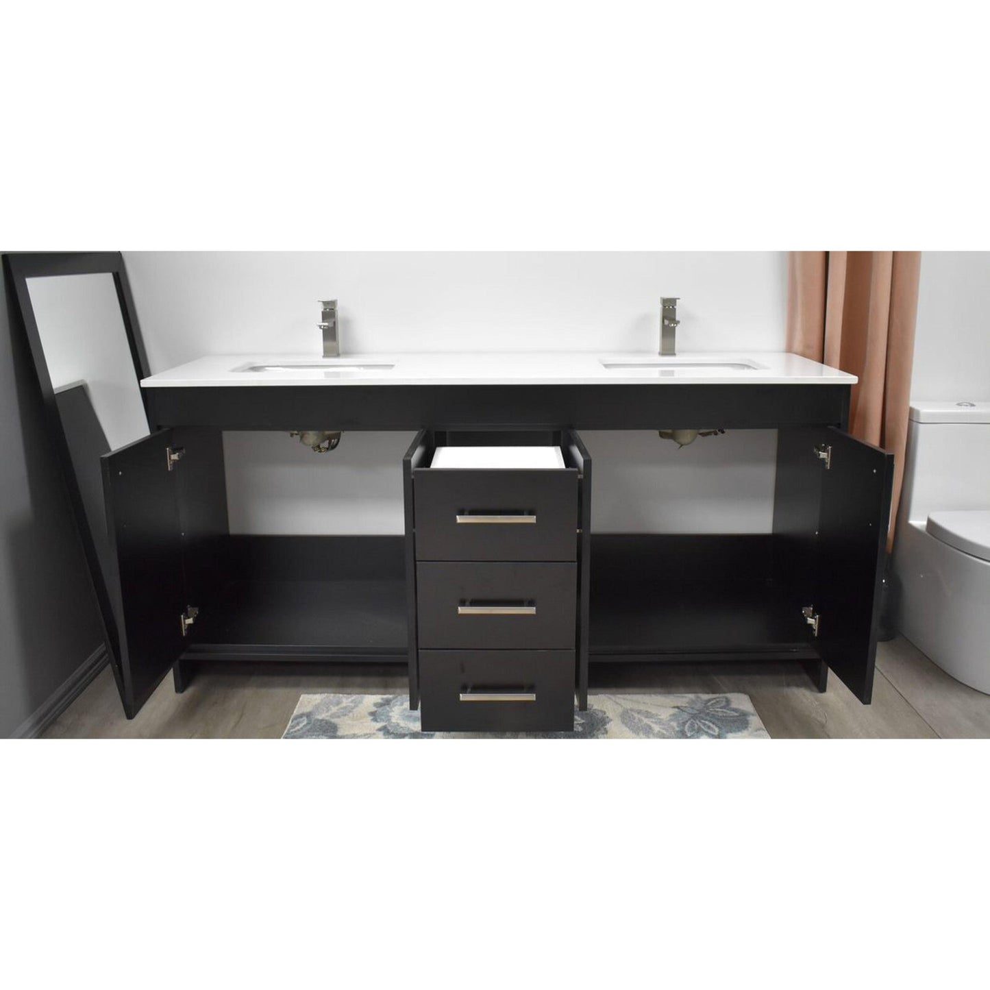 Volpa USA Capri 60" x 22" Black Freestanding Modern Bathroom Vanity With Undermount Double Sink and White Microstone Top With Brushed Nickel Edge Handles