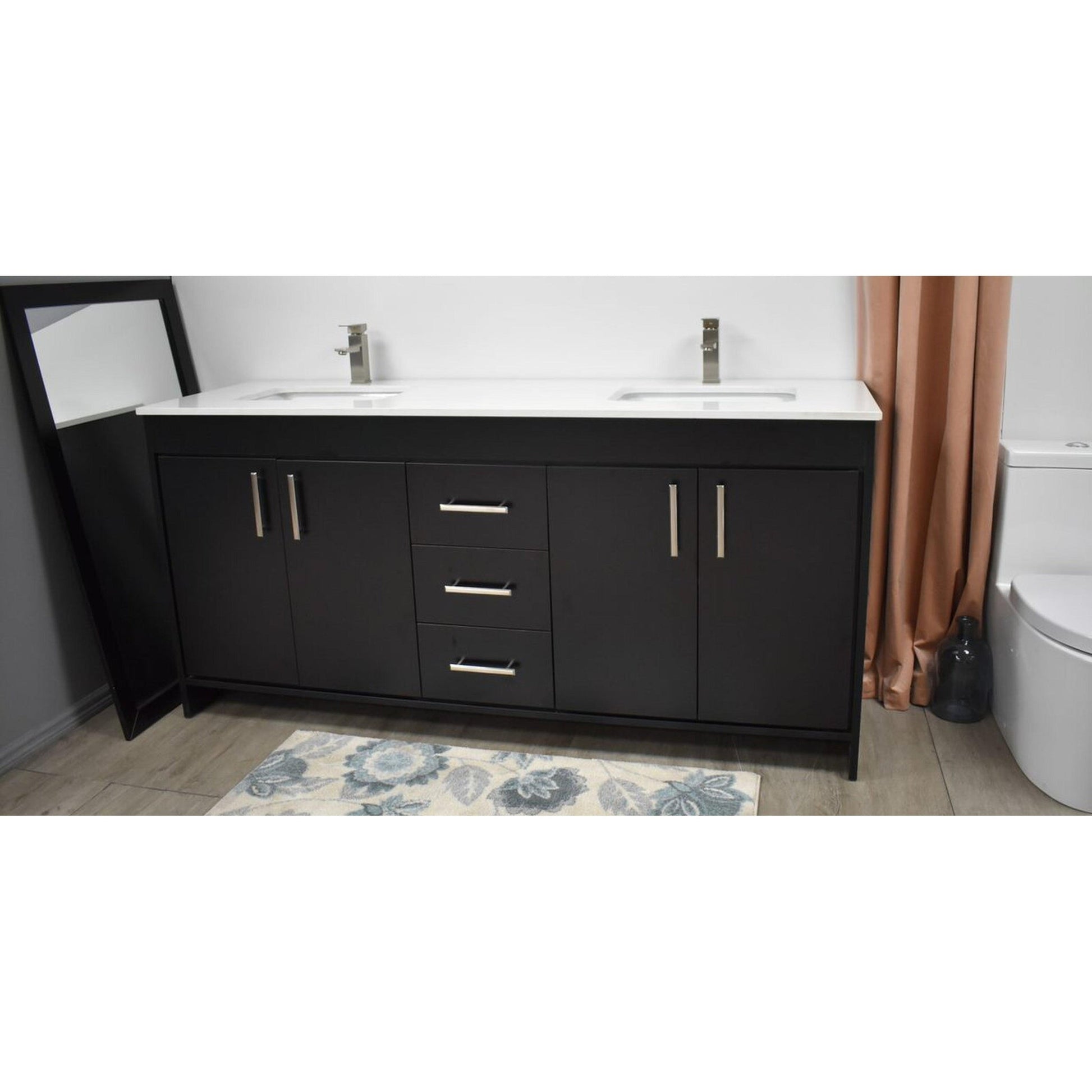 Volpa USA Capri 60" x 22" Black Freestanding Modern Bathroom Vanity With Undermount Double Sink and White Microstone Top With Brushed Nickel Edge Handles