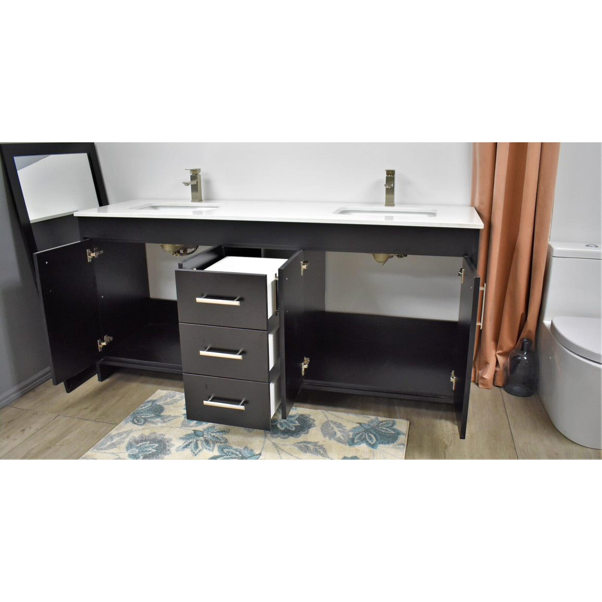 Volpa USA Capri 60" x 22" Black Freestanding Modern Bathroom Vanity With Undermount Double Sink and White Microstone Top With Brushed Nickel Edge Handles