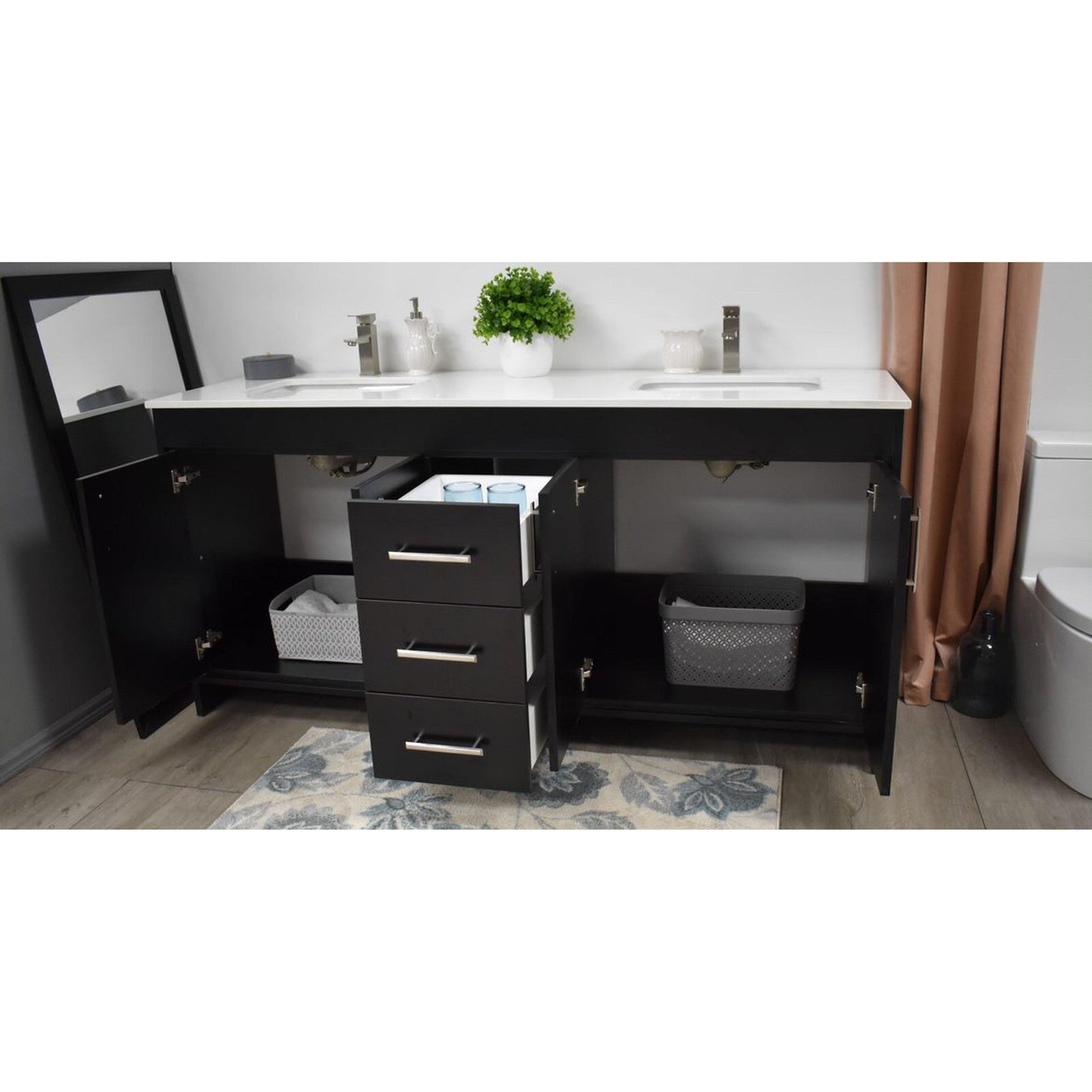 Volpa USA Capri 60" x 22" Black Freestanding Modern Bathroom Vanity With Undermount Double Sink and White Microstone Top With Brushed Nickel Edge Handles