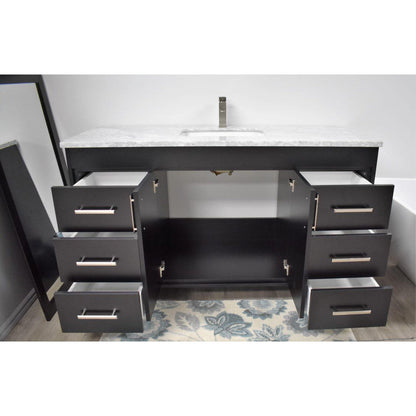 Volpa USA Capri 60" x 22" Black Freestanding Modern Bathroom Vanity With Undermount Single Sink And Carrara Marble Top With Brushed Nickel Edge Handles