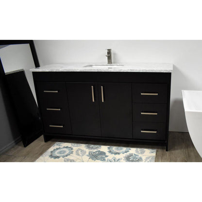 Volpa USA Capri 60" x 22" Black Freestanding Modern Bathroom Vanity With Undermount Single Sink And Carrara Marble Top With Brushed Nickel Edge Handles