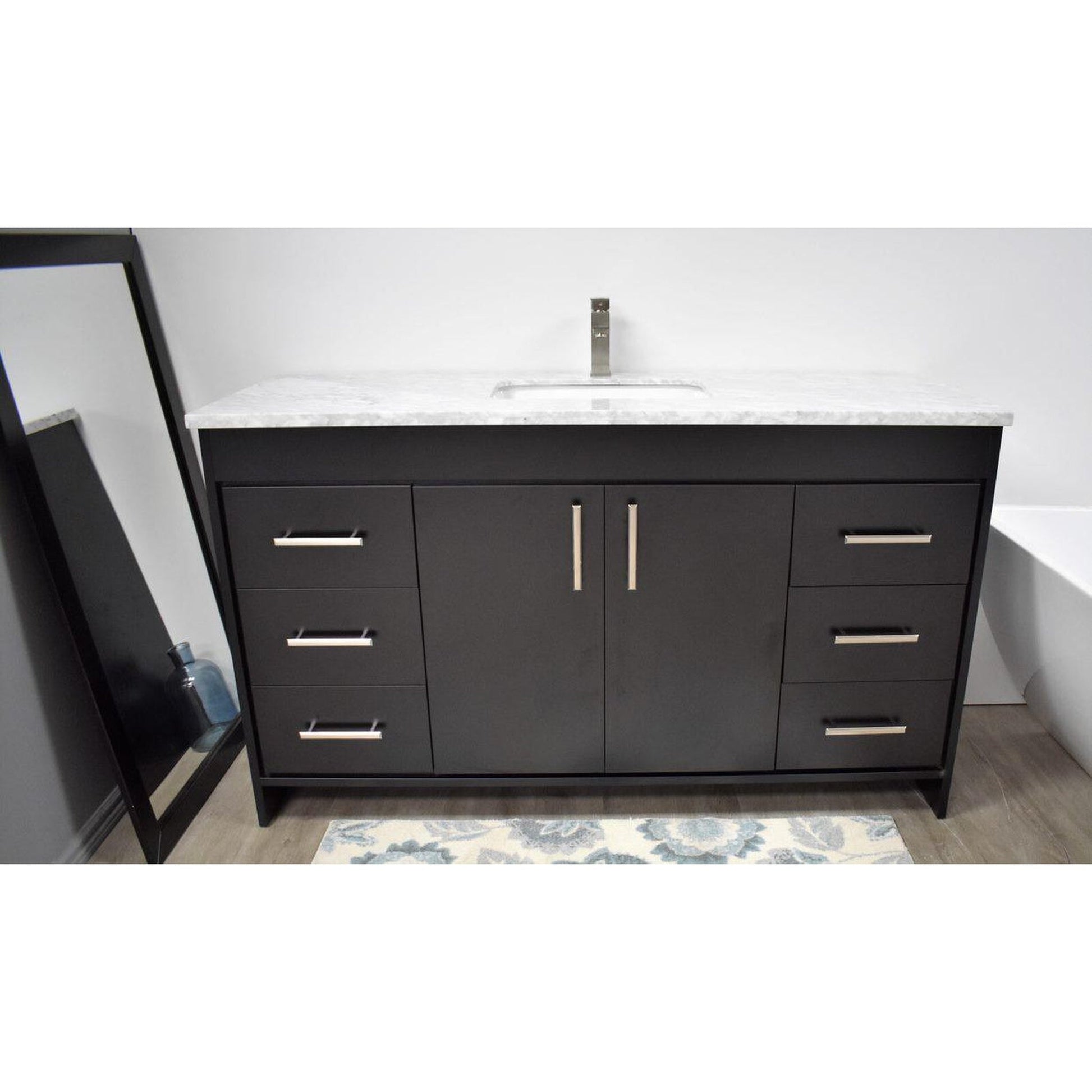 Volpa USA Capri 60" x 22" Black Freestanding Modern Bathroom Vanity With Undermount Single Sink And Carrara Marble Top With Brushed Nickel Edge Handles